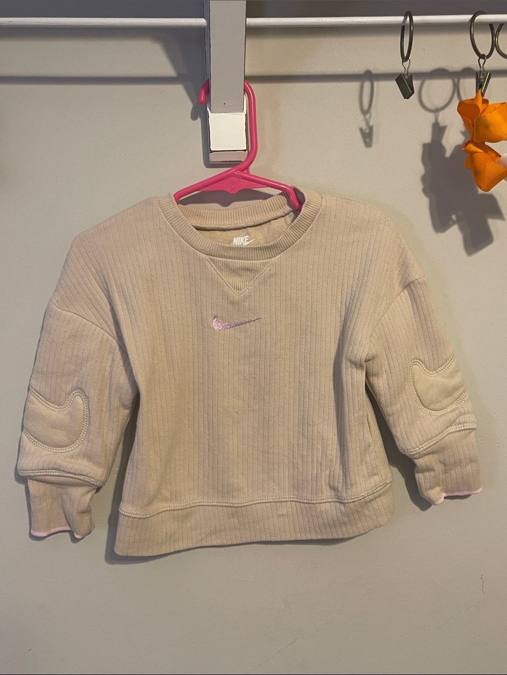 Nike Cream Ribbed Crewneck Sweatshirt with Pink Swoosh